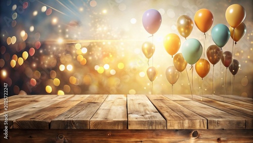 Rustic Wooden Table with Festive Balloons Floating Against a Sparkling Bokeh Background
