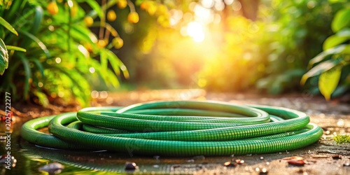 A coiled green garden hose rests on damp ground amidst lush, sunlit foliage.