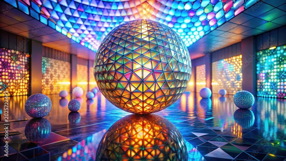 Fototapeta premium Abstract iridescent sphere in a vibrant, geometrically-designed hall with colorful illuminated walls and mirrored floor