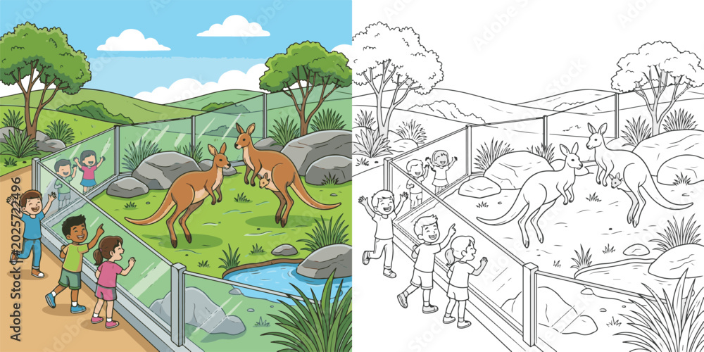 Obraz premium children laughing kangaroos jump visiting zoo cartoon clipart and lineart print vector illustration for coloring book