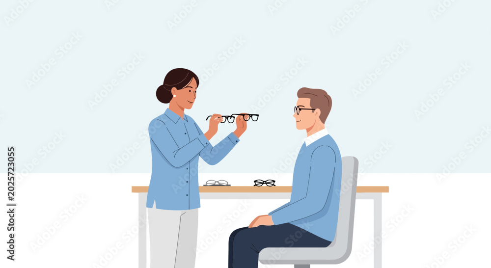 Obraz premium Optician assisting male client choosing new eyeglasses in optical store
