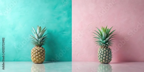 Pastel Background Featuring Two Ripe Pineapples With Vibrant Green Tops Sitting on a Smooth Surface