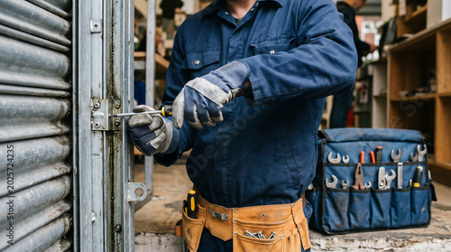 Professional Maintenance Worker in Navy Coverall Repairing Metal Rolling Shutter Door with Screwdriver and Full Leather Tool Belt
