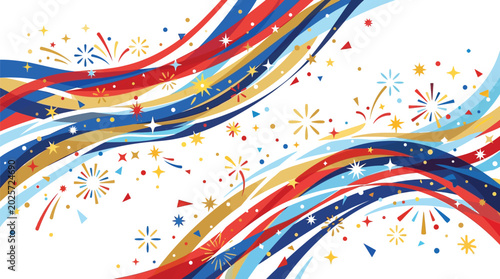 Abstract waves flow with stars and fireworks to evoke a sense of excitement.