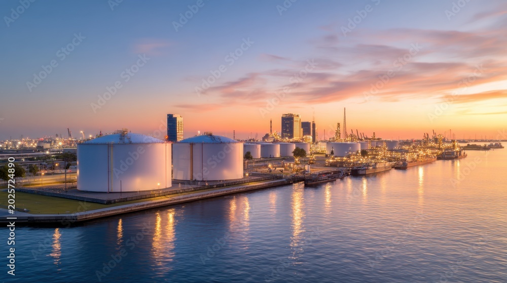 Obraz premium A tranquil sunset reflecting over large industrial tanks by the waterfront in an urban landscape