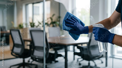 Professional Cleaner Wearing Blue Gloves Wiping and Cleaning Clear Glass Office Partition Wall with Microfiber Cloth and Spray