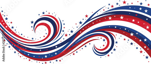 Stars dance amidst flowing red white and blue ribbons in a patriotic display.