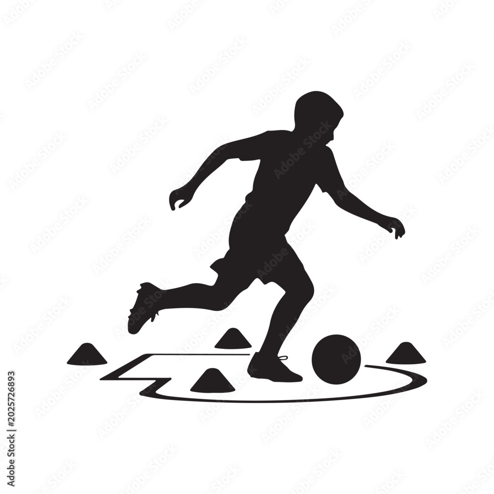 Fototapeta premium Silhouette of a runner navigating cones and a soccer ball on a white background
