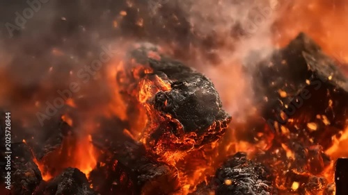 Burning charcoal with flames and smoke close up heat and energy
