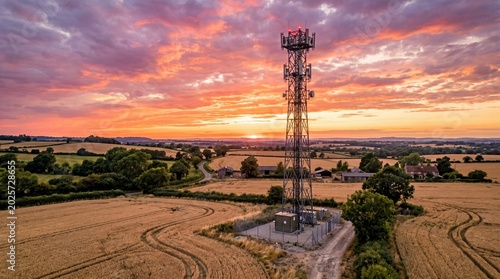 Cell tower in a rural field with a vibrant sunset