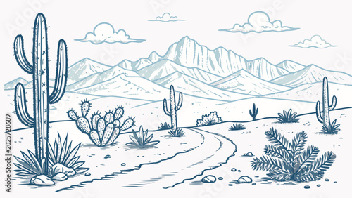 Fotografía Cactus plants in desert landscape scene.