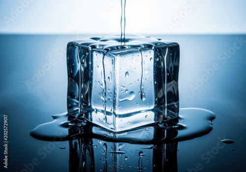 Perfect crystalline water cube melting slowly on a shiny, reflective surface. Captures the essence of coldness, temperature, and refreshing hydration, wet, isolated, abstract