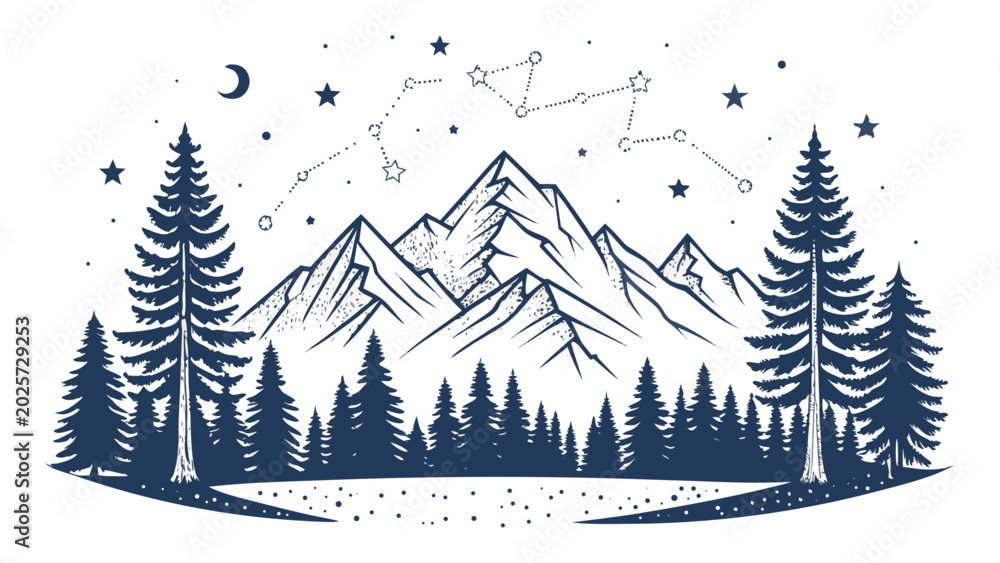 Obraz premium Mountain range with pine trees silhouette.