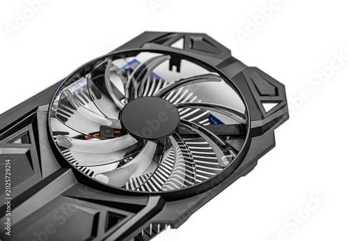 Black computer graphics card with a large cooling fan isolated on a white background.