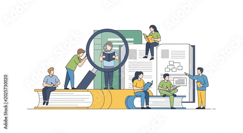 Students reading books and studying with magnifying glass illustration