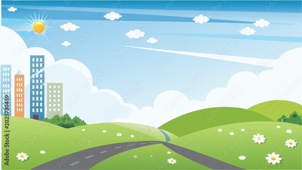 Fototapeta premium stylized landscape with road buildings and sunny sky