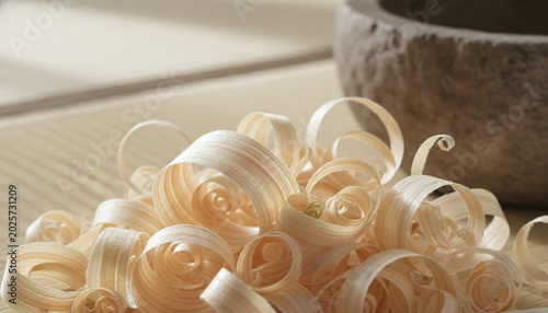 Japanese Hinoki cypress wood shavings curled wooden ribbons macro