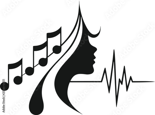 фотографія Woman silhouette face profile with rising music notes and heartbeat line