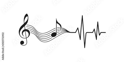 Treble clef staff with music notes and electrocardiogram heart beat line.