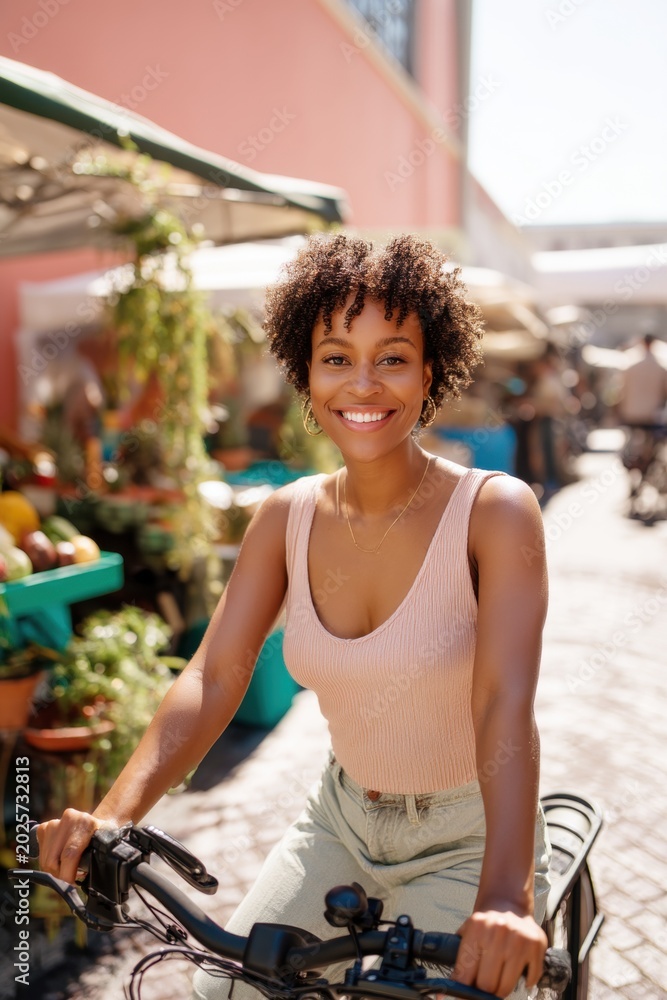 Obraz premium African American woman smiling while riding a bicycle at an outdoor farmers market. Urban lifestyle and summer outdoor recreation. Healthy living and leisure activity in city center.