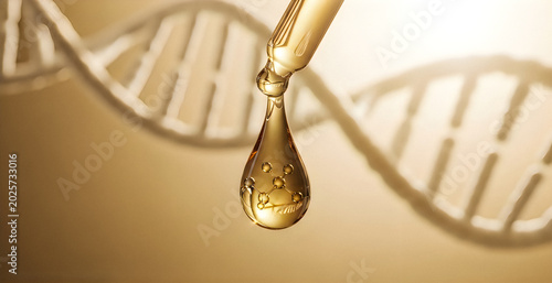 Gold cosmetic oil drop with molecule structure inside from dropper with scientific background of dna strand.