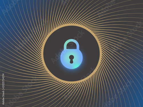 Security padlock icon with glowing blue light and yellow rays for cybersecurity and data protection