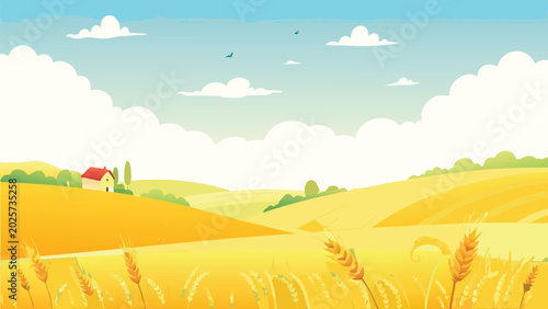 Obraz na płótnie golden wheat field landscape with house and blue sky