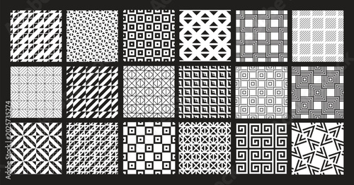 Vector seamless pattern set. Basic essential ornaments. Geometric backgrounds with thin linear and bold designs. Regular monochrome swatches. Basic versatile tileable grids.