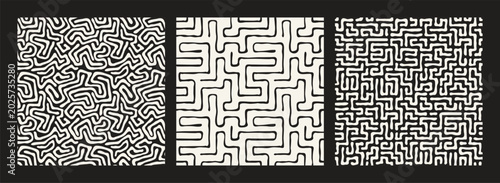 Vector seamless pattern set. Monochrome natural maze. Monochrome abstract backgrounds. Vector hand-drawn surface design.