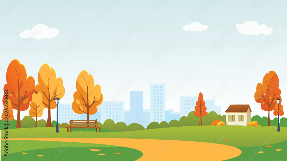 Fototapeta premium autumn park landscape with trees and city skyline