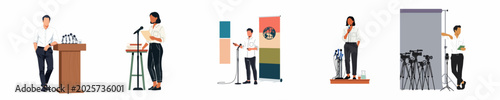 Set of professional illustrations depicting public speaking, press conferences, and media presentations featuring diverse speakers and equipment on a white background.