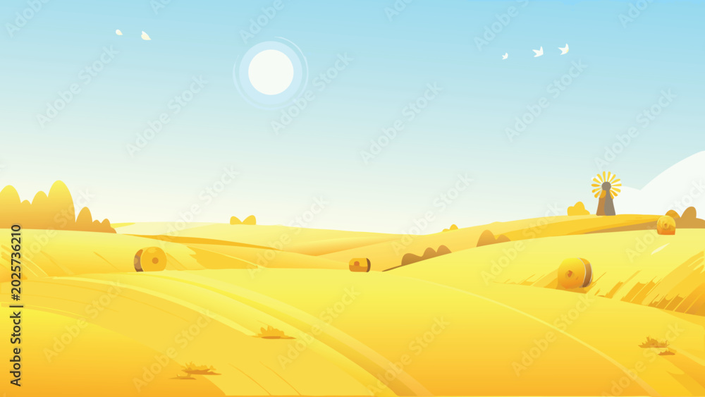 Fototapeta premium golden wheat field landscape with blue sky and sun