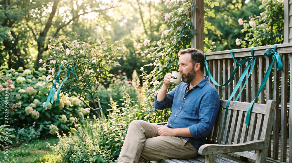 Obraz premium Bearded father drinking coffee in sunlit garden, peaceful morning on porch, Father's Day celebration, relaxed middle-aged man enjoying nature, outdoor lifestyle portrait.