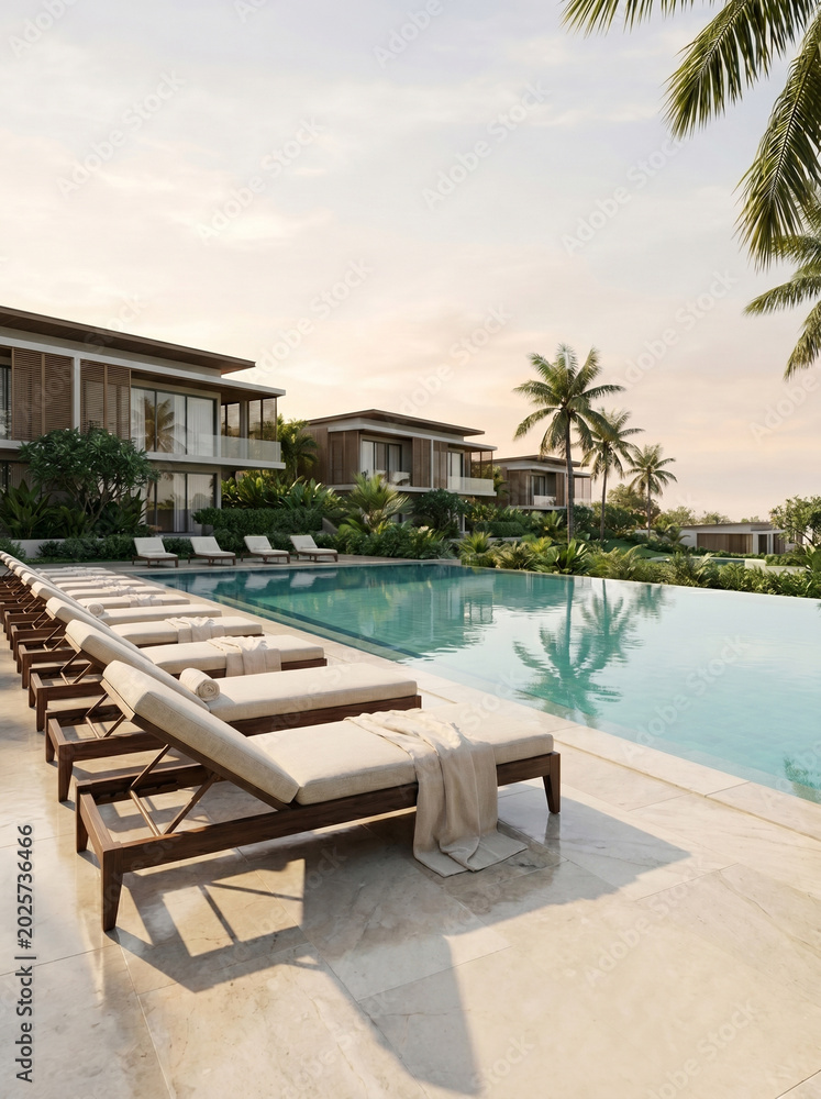 Fototapeta premium Luxury Resort Poolside with Sun Loungers and Modern Villa Architecture