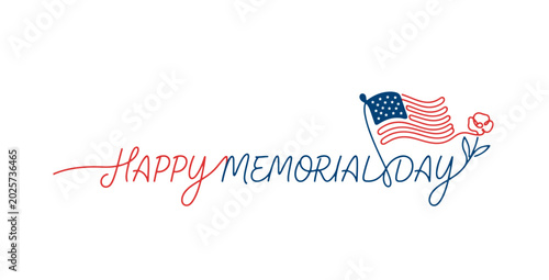 Happy Memorial Day Minimalist One Line Art Illustration with American Flag and Flower Design