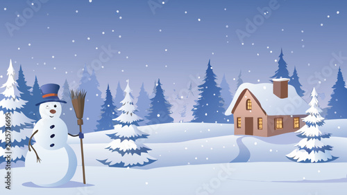 Foto Winter landscape with snowman and cozy cabin illustration