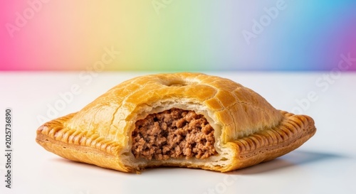Warm, fresh-baked savory pastry filled with seasoned ground meat, presenting a delicious, flaky texture and golden crust, ready to eat, sausage, comfort food, traditional