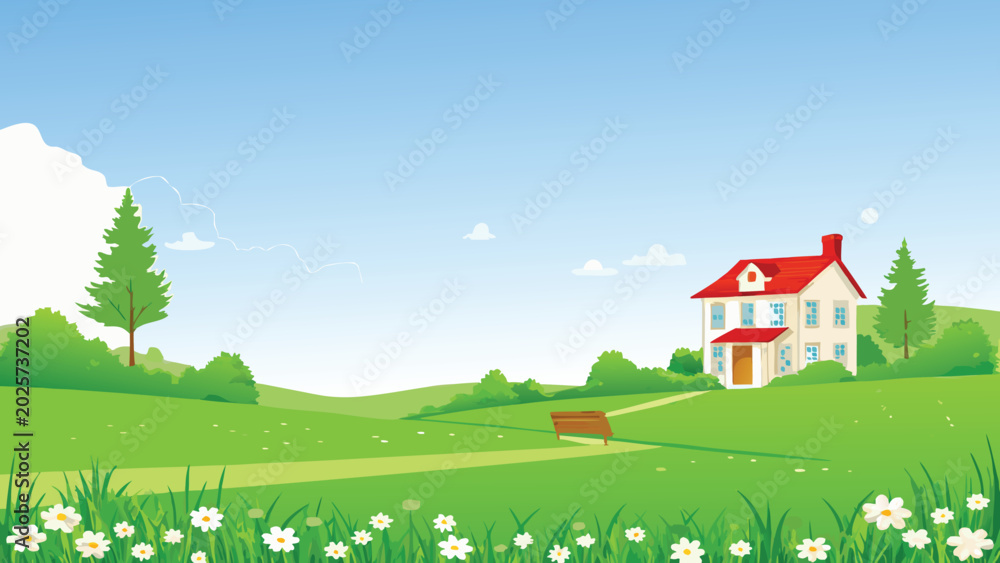 Naklejka premium cartoon house in green landscape with blue sky