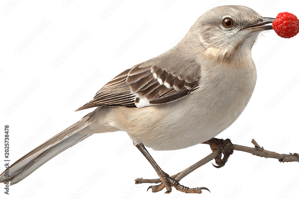 Fototapeta premium Mockingbird Holding Raspberry on a Branch isolated on transparent background PNG element