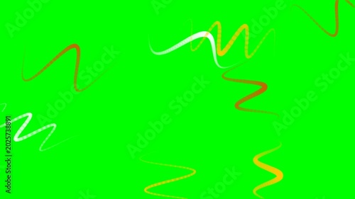 A collection of abstract wavy lines in a warm palette of yellow, red, and white gracefully move across a solid green screen, designed for motion graphics.