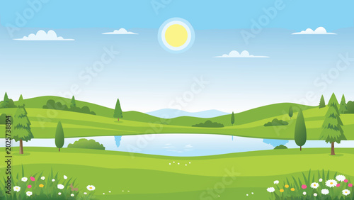 Obraz na plátně cartoon landscape with lake and rolling green hills