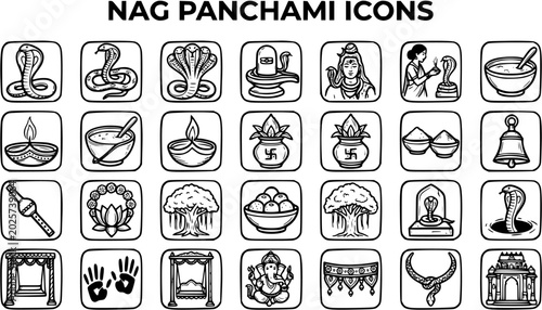Foto Nag Panchami Hindu Festival Icons Set: Cobra, Shiva, Puja, Diya, Bell - Black an
