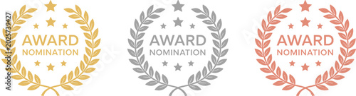 Professional award nomination laurel wreath set in gold silver and bronze represents success and achievement on white.