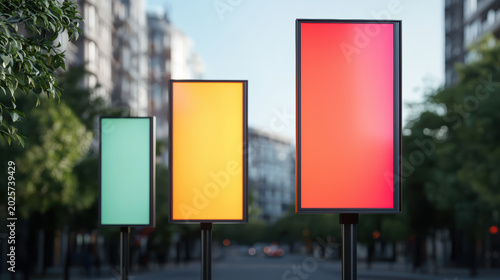 Three vertical digital billboards of varying heights displaying green, yellow, and red colors stand in an urban street setting with blurred buildings and trees.