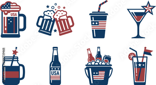 American patriotic drinks and glasses with USA flag designs  festive beverage icons