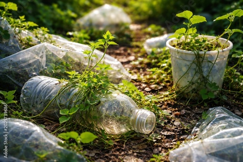Plastic pollution and littered bottles in nature with plants growing around waste