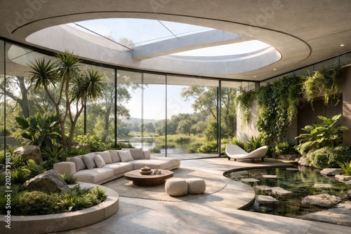 Luxury modern living room with indoor garden, circular skylight and glass walls overlooking pond and nature