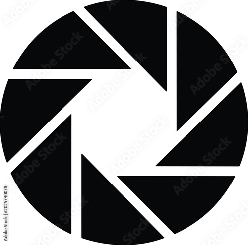 Professional black camera shutter aperture icon symbolizing sharp focus and capturing light in a technical studio.