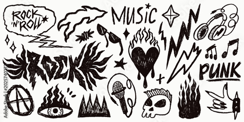 Punk rock tattoo doodle collection with music notes, skull, fire and lightning in black scribble style. Rock doodle and tattoo elements for stickers and band posters