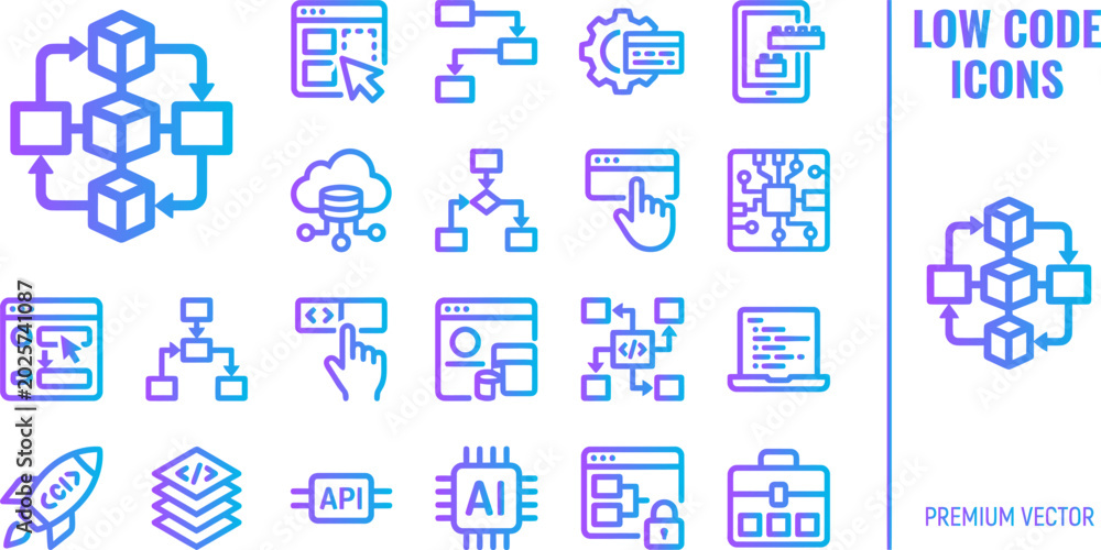 Fototapeta premium Low code icons block chain system api ai and programming icons on white background.